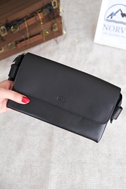 Norvi Leather حقيبة يد رجالية من الجلد الطبيعي باللون الأسود 1072