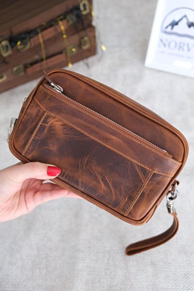 Norvi Leather حقيبة يد من الجلد الطبيعي مع مقابض متعددة الأقسام بلون البندق 1075