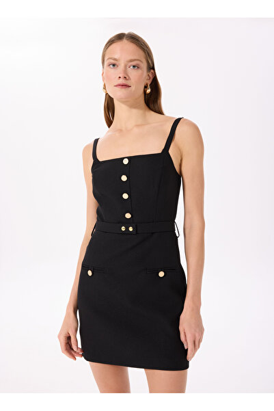 Fabrika Kare Yaka Düz Siyah Mini Kadın Elbise F5SL-ELB0128