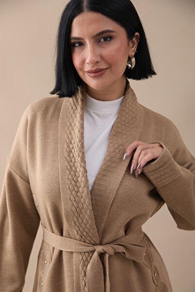 InStyle Milk Coffee Knitwear Jacket with Patterned Collar and Embroidery
