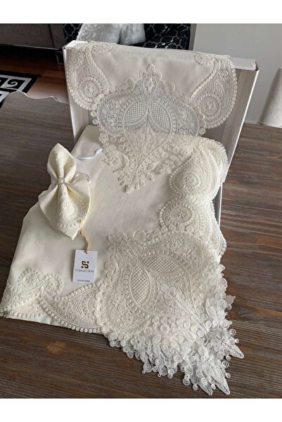 Çt Çeyizci Tekstil 12 Person Linen Fabric Cream Tableware Set - Cluster Tablecloth