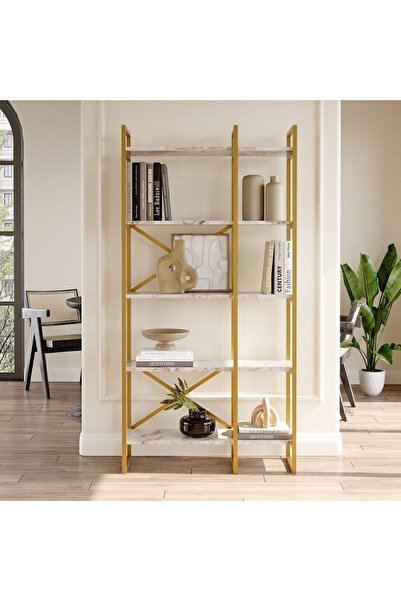 Yurupa Atlantis 175cm Gold Metal Kitaplık 5 Raflı 2 Bölme Mermer Desen ATL4-GE
