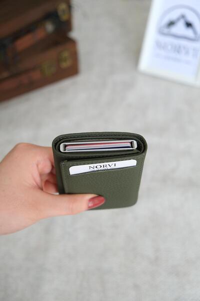 Norvi Leather Mechanism Automatic Genuine Leather Card Holder Khaki Green 1041
