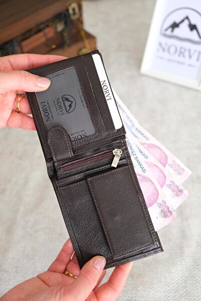 Norvi Leather محفظة من الجلد الطبيعي مع جيب للعملات المعدنية، لون بني غامق 1006