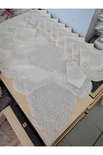Çt Çeyizci Tekstil 12 Person Linen Fabric Cream Tableware Set - Cluster Tablecloth