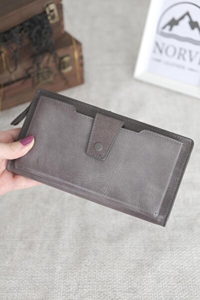 Norvi Leather Genuine Leather Zippered Wallet with Phone Compartment Gray 1163