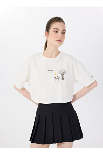 Discovery Expedition D5SL-TST3519 Kırık Beyaz Bisiklet Yaka Crop Top Baskılı ...