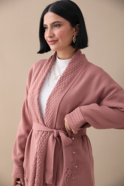 InStyle Patterned Collared Embroidered Dried Rose Knitwear Jacket