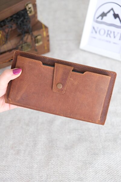 Norvi Leather محفظة بسحاب من الجلد الطبيعي مع حجرة للهاتف، لون بني 1163