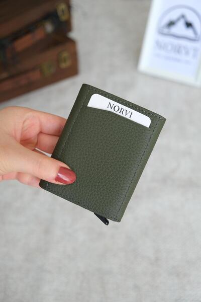 Norvi Leather Mechanism Automatic Genuine Leather Card Holder Khaki Green 1041
