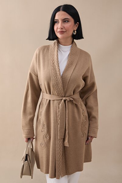 InStyle Milk Coffee Knitwear Jacket with Patterned Collar and Embroidery