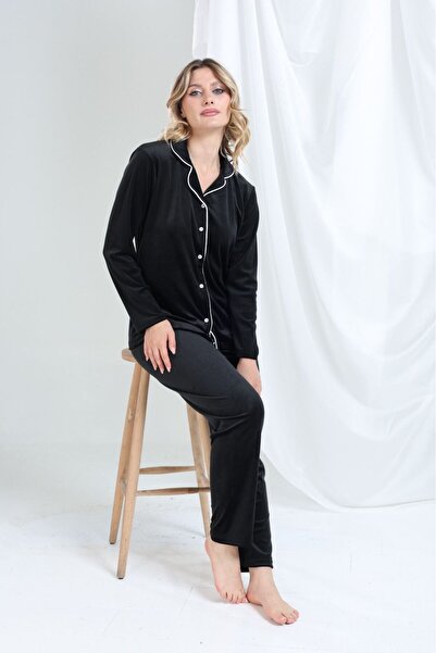 MEBA Black Front Buttoned Velvet Winter Women's Pajama Set