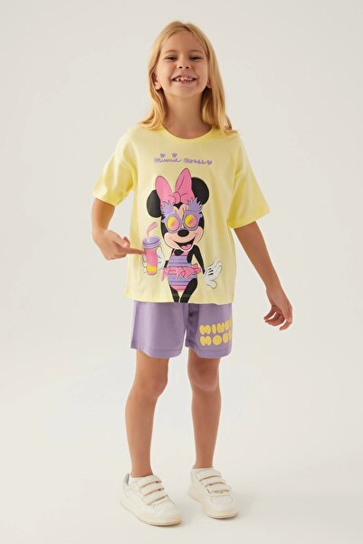 Minnie Mouse Lisanslı D4888 Glasses T-shirt Ve Şort Alt Üst Kız Çocuk Takımı Sarı