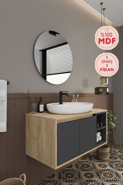 BALNEOM Gül 90 Cm %100 Mdf Lavabolu Banyo Dolabı Ayna Alt Dolap Lavabo