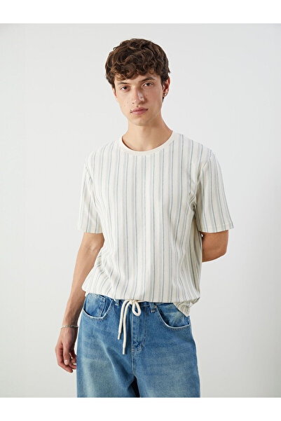 LC Waikiki طاقم الرقبة مخطط بتمشيط القطن تي شيرت رجالي