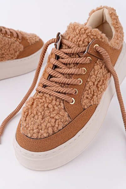 MUGGO FLEECY Kalın Taban Bağcıklı Peluş Detaylı Kadın Kışlık Sneaker Spor Ayakkabı