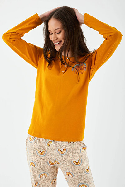 Arnetta Yakası Düğmeli Hardal Kadın Uzun Kol Pijama Takım