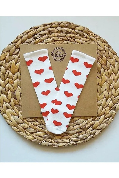 Asa Bebek Çocuk Knee Socks for Baby Girl - Cream Color, Red Heart Design