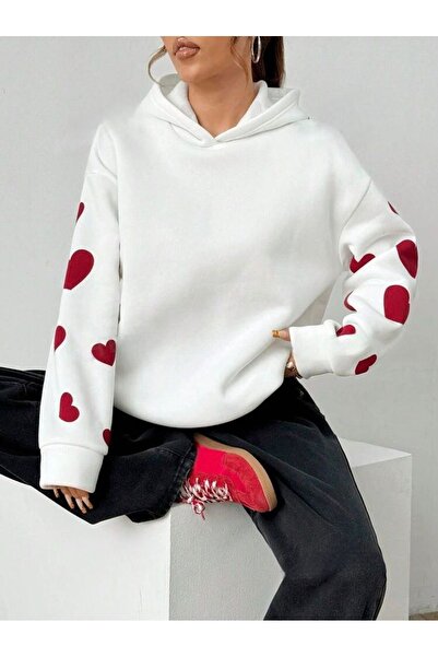 Vieoletta Tekstil Φούτερ Ecru oversized Casual Printed Off Shoulder με μακριά μανίκια με κουκούλα