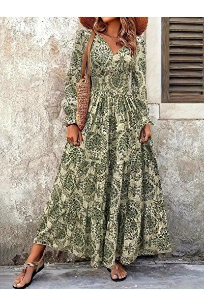 JANES Γυναικείο μακρυμάνικο φόρεμα με στάμπα με λαιμόκοψη σε σχήμα V