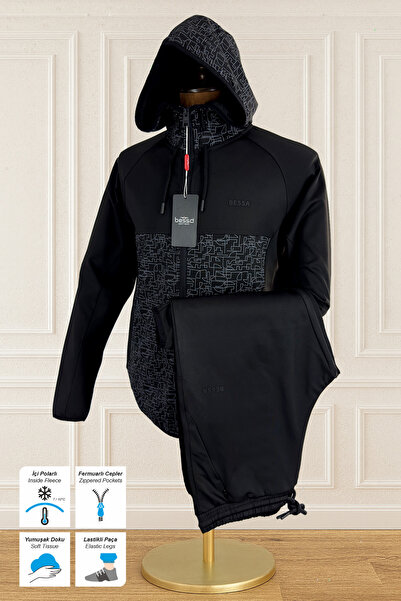 BESSA Μαύρο Scuba Diver υφασμάτινο σετ ανδρική φόρμα με κουκούλα και τσέπη με φερμουάρ