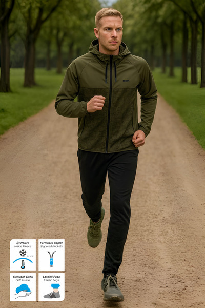 BESSA Haki Scuba Dalgıç Kumaş Kapüşonlu Fermuarlı Cepli Lastikli Paça Erkek Eşofman Takımı