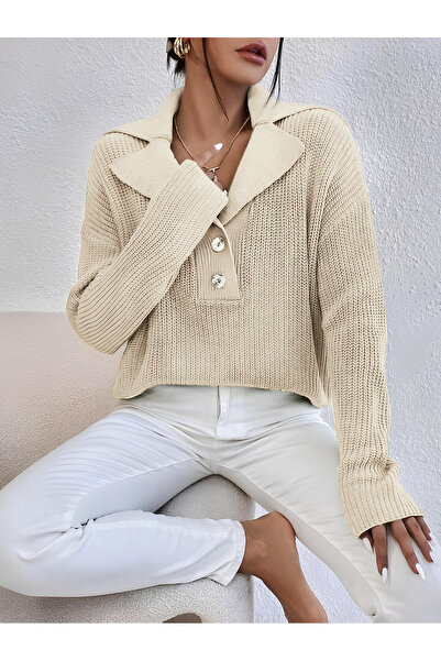 Gülçin Coşkun Buttoned Jacket Collar Comfortable Fit Women's Knitwear Sweater