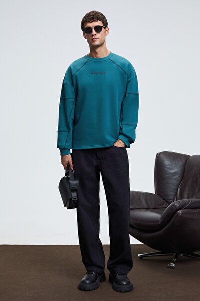 GRIMELANGE Ανδρικό φούτερ HAL με στρογγυλή λαιμόκοψη, στάμπα με λεπτομέρεια διακοσμητικής ραφής στο μπροστινό μέρος και στα μανίκια, κανονική εφαρμογή, πράσινο φούτερ