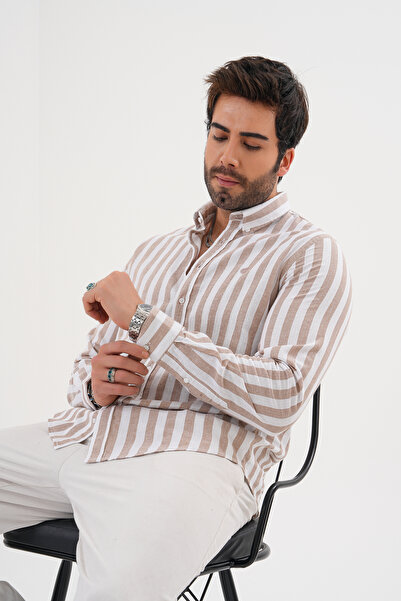 Catto Peak Ανδρικό κεντημένο ριγέ βαμβακερό πουκάμισο Regularfit