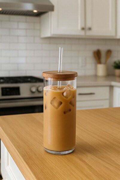 Noah Exclusive 400 Cc Borosilicate Cold Coffee and Soft Drink Glass with Bamboo Lid and Straw (2 Pieces)