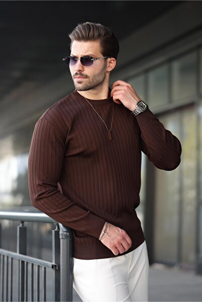 Madmext Кафяв пуловер с дълъги ръкави и ревери с кафяви ивици E7273
