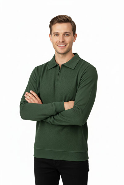 Oppland Men's Winter Sweater Cotton Woven Half Zip Polo Collar Long Sleeve So...