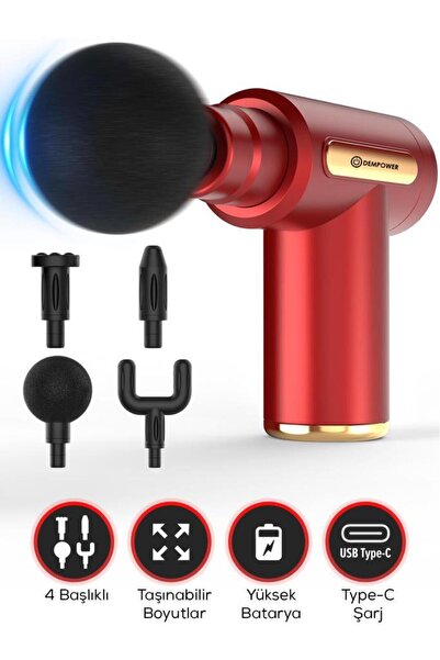 DEMPOWER Titreşimli Masaj Tabancası 4 Başlıklı Kırmızı 19x13cm