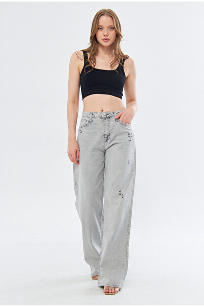 cracpot Kadın Yüksek Bel Cotton Lazer Detaylı Loose Fit Jean Pantolon