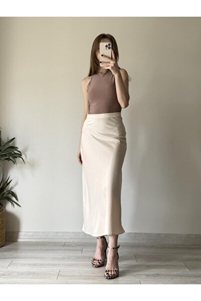 Noe Collection Krem Saten Midi Boy Etek