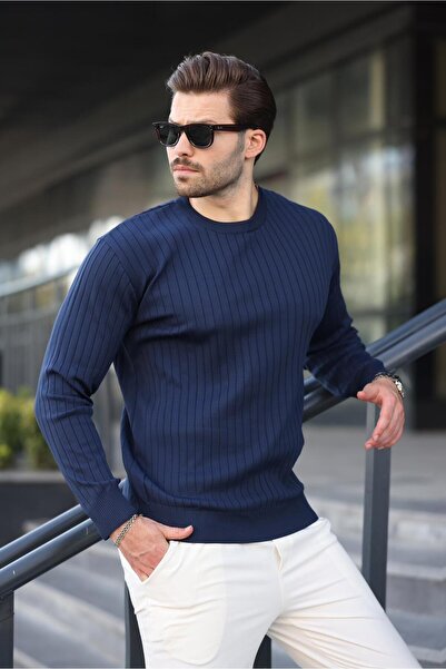Madmext Μακρυμάνικο πουλόβερ Navy Blue Crew με ριγέ λαιμόκοψη E7273