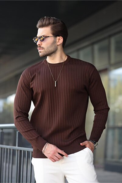 Madmext Кафяв пуловер с дълъги ръкави и ревери с кафяви ивици E7273