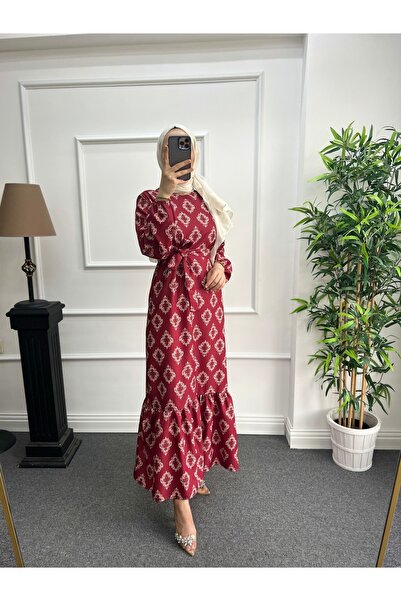 Nisa Nalbantoğlu Bordo Desenli Tesettür Elbise