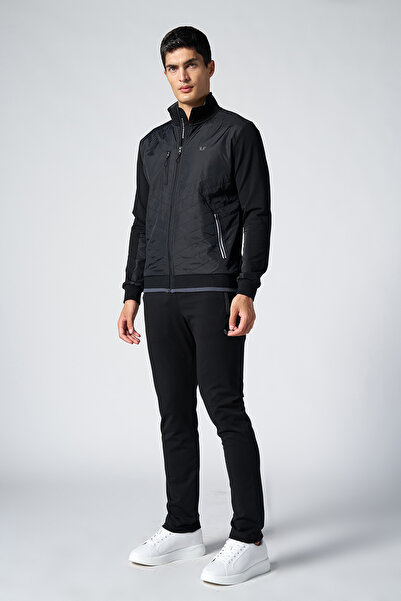 bilcee Erkek Siyah Dik Yaka Dokumalı Örme Eşofman Takım 1572