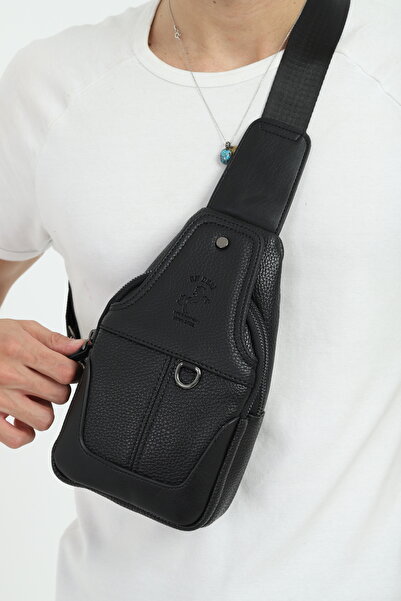 en deri Men's Black Multi-Compartment Daily Cross Strap Shoulder Bag