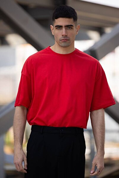 MEYWEAR Plain Red Oversize Crew Neck Boyfriend Cotton Boyfriend T-Shirt