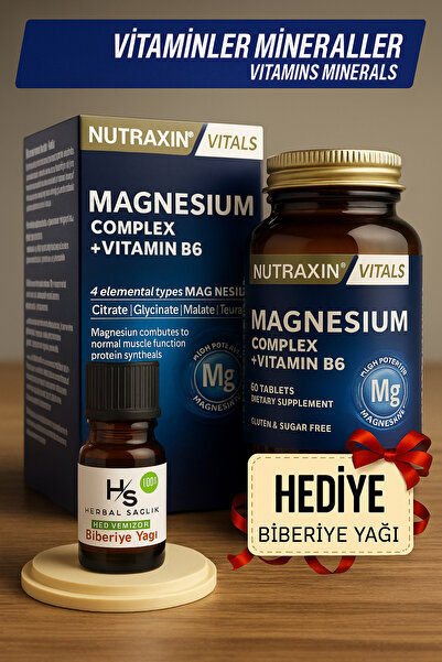 Nutraxin Magnesium Complex Vitamin B6 Magnezyum 60 Adet Tablet Hrblsglk Biberiye Yağı (HEDİYE)