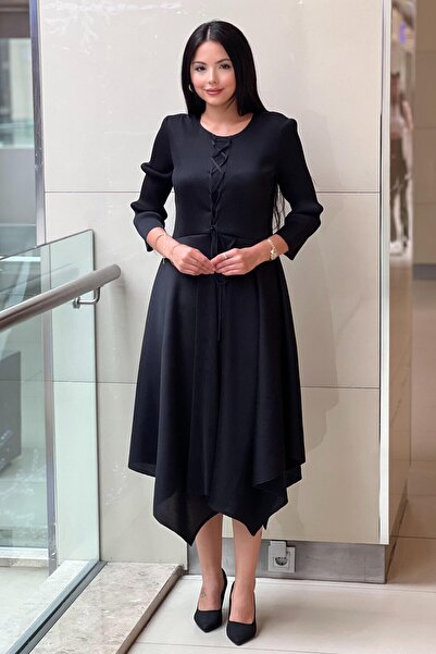 Mahal Asymmetrical Cut Accordion Midi Dress with Cross Tie Detail