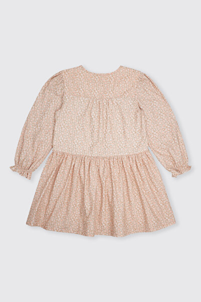 Panço Kız Çocuk Çiçek Desenli Bej Elbise