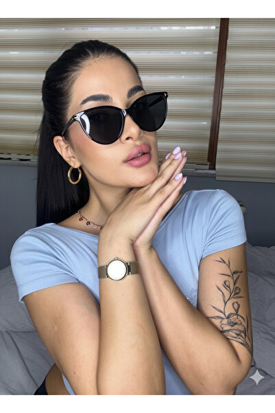 VEGA EYEWEAR Ena Black Cat Eye Slanted Black Glasses Sunglasses with Gold t A...