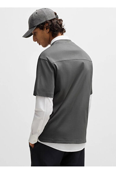 HUGO Men's Anthracite Logo Embroidered Cotton Round Neck T-Shirt - Short Sleeve, Relaxed Fit 50535499 -