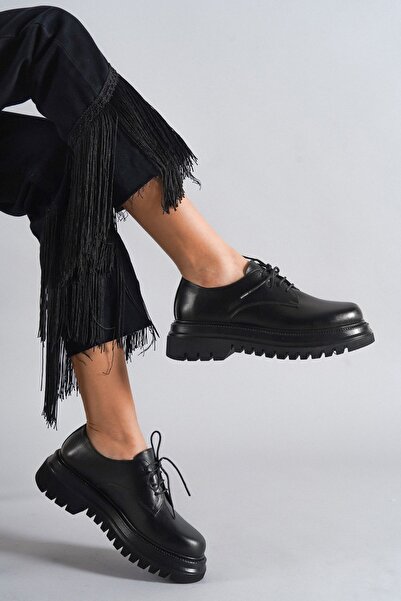 Deripabuc Genuine Leather Black Women's Daily Thick Sole Leather Casual Shoes Trc-216774