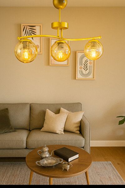 Luzarana Galaksi Modern Tasarım Sarı 3'li Bal Camlı Metal Gövde Avize | Salon...