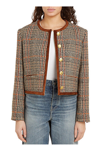 Tommy Hilfiger Vzorovaná hnědá dámská bunda TWEED WOOL MIX CHECK CREW JACKET