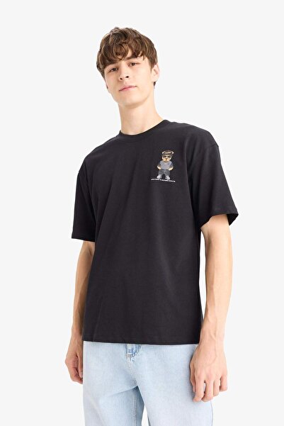 DeFacto 100% Cotton Boxy Fit Relaxed Cut Crew Neck Back Printed Short Sleeve T-Shirt E9335Ax25Au